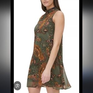 Tommy Hilfiger Paisely Mock-Neck Dress, Olive Green/Sunflower Color, Size 12